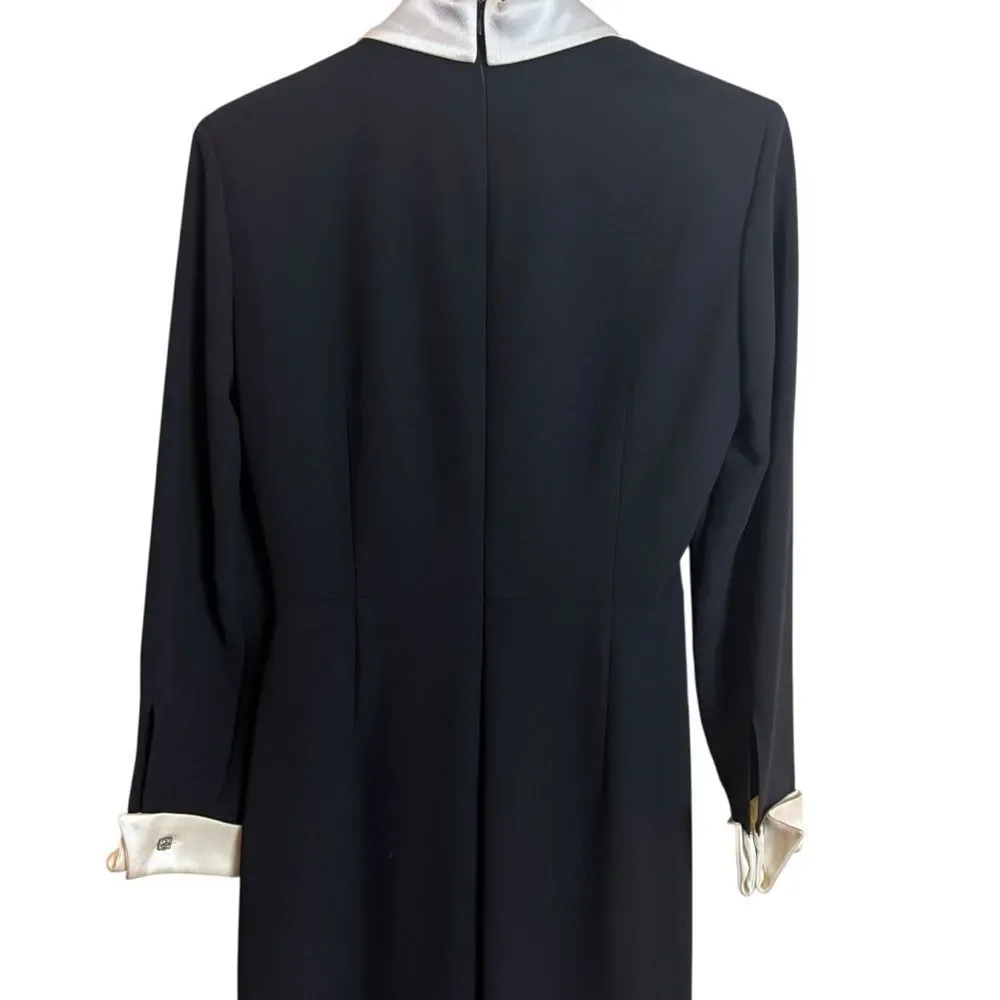 Vintage Jones of New York Black Wide Leg Jumpsuit White Satin Trim Long Sleeve 4 - Picture 7 of 10